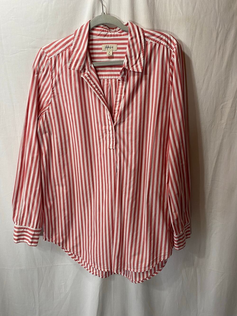 Style & Co Red & White Stripes Nautical Coastal V-Neck Popover 100% Cotton Med
